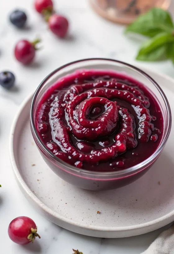 Sauce au vin rouge et à l'églantine dans un bol, décorée de romarin frais.