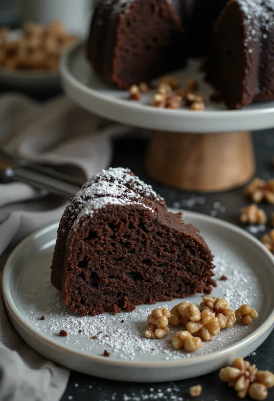 Tranche de gâteau au chocolat et aux noix