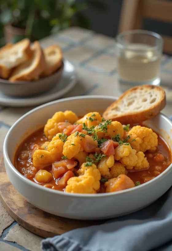 Ragoût de chou-fleur épicé dans une base tomate juteuse, parsemé de persil frais.