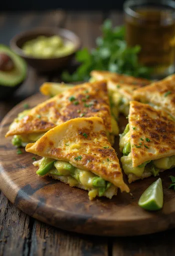Quesadilla garnie d'avocat et de fromage fondu, cuite croustillante