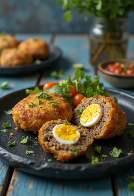 Scotch egg à la mexicaine, servi avec coriandre fraîche