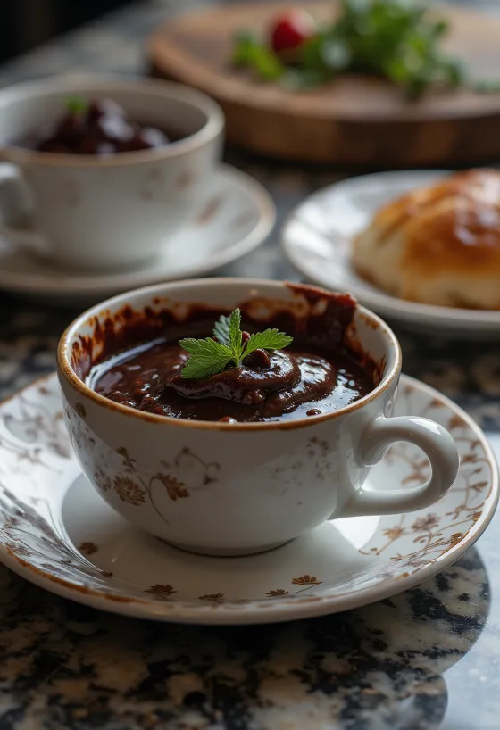 Sauce au vin rouge, chocolat et piment dans un bol, décorée de morceaux de chocolat et de piment.