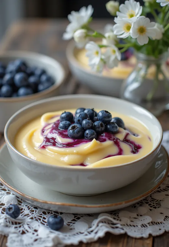 Crème anglaise aux myrtilles servie