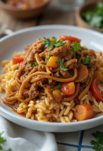 Carne Mechada servie avec arepas et riz