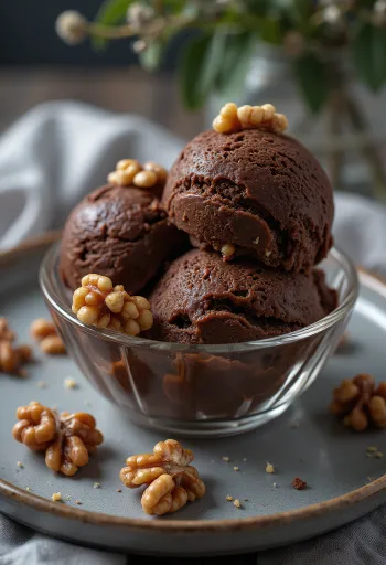 Glace chocolat, rhum et noix servie avec noix grillées