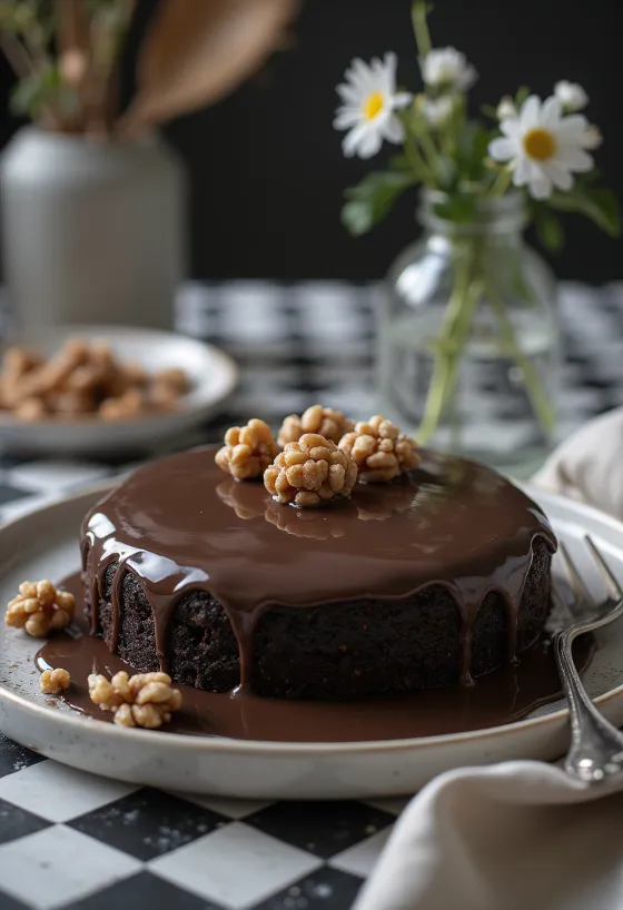 Gâteau truffé aux marrons décoré de glaçage au chocolat et poudre de cacao