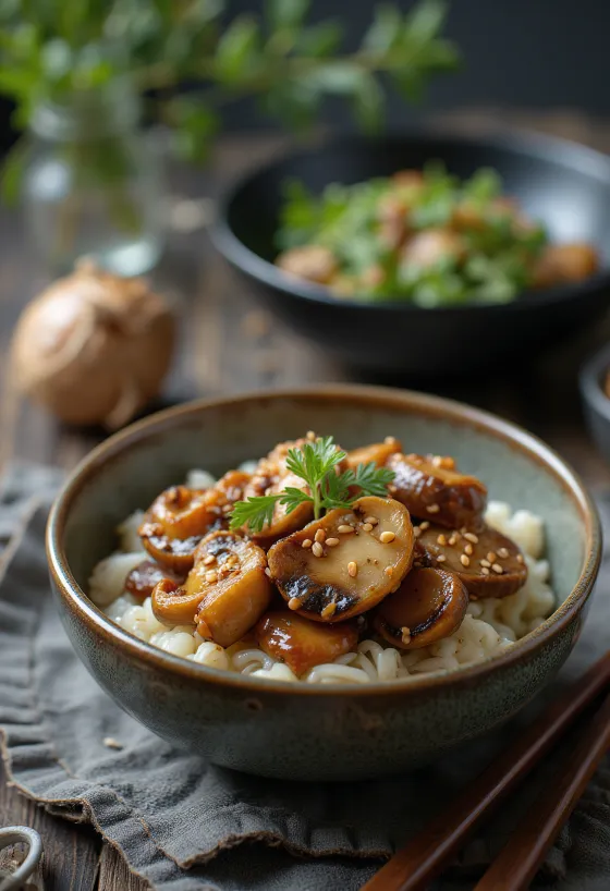 Champignons shiitake Gomae servis avec des épinards frais et des graines de sésame grillées