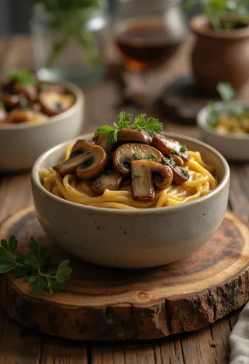 Sauce aux champignons et vinaigre balsamique servie avec des pâtes