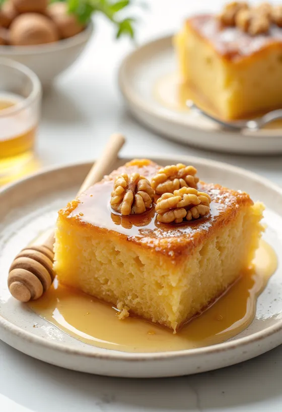 Gâteau grec au miel et aux noix décoré de cerneaux de noix et glaçage au miel