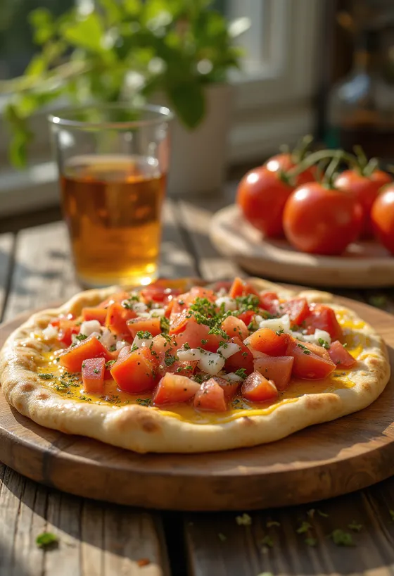 Manakish à la tomate, servi avec du yaourt