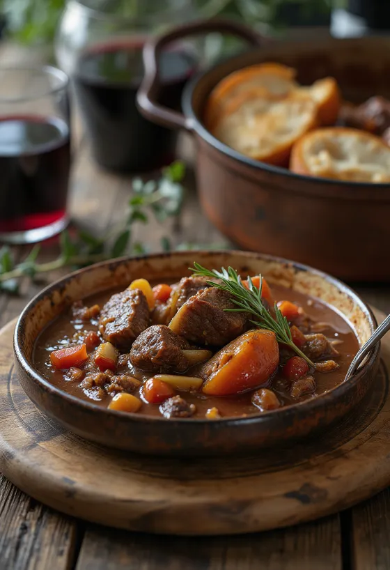 Pörkölt de bœuf au vin rouge dressé sur assiette