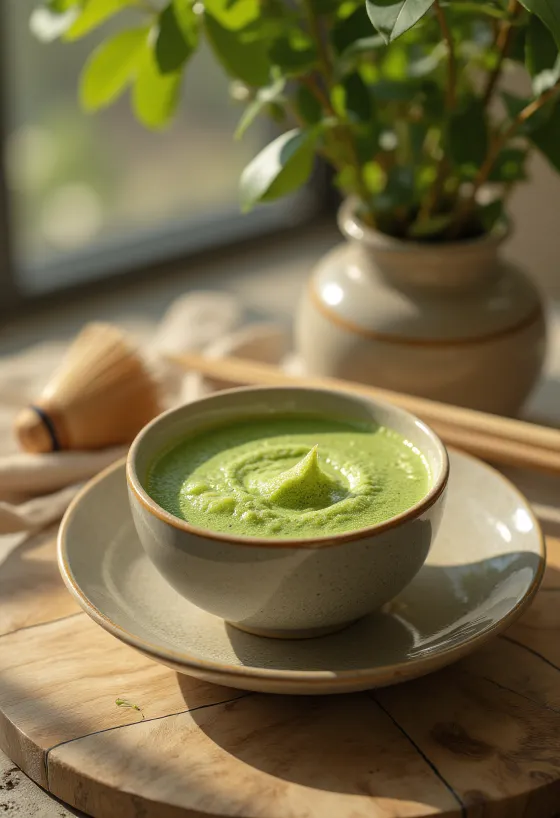 Une tasse de thé matcha mousseux, décorée de poudre de matcha