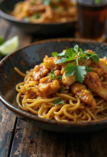 Mee Goreng au poulet servi avec légumes frais et œuf