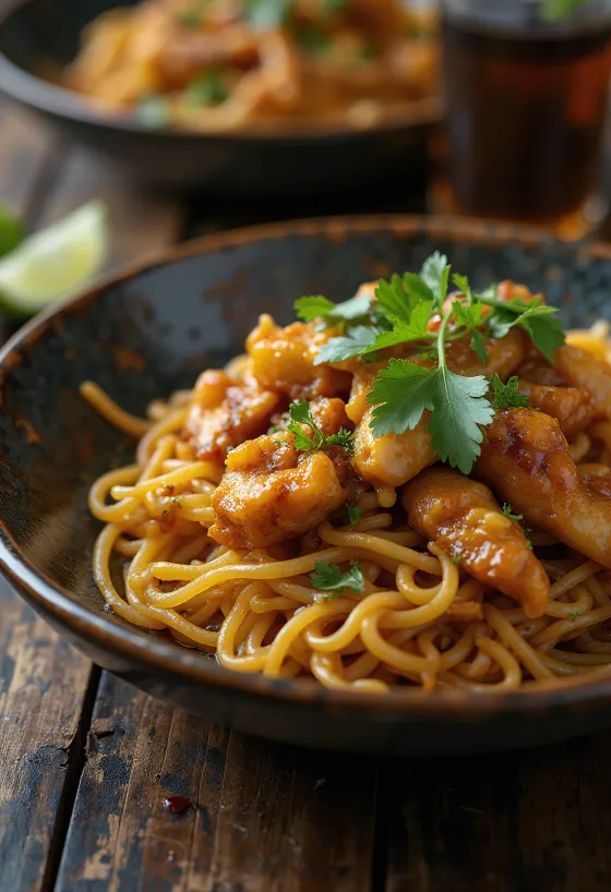 Mee Goreng au poulet servi avec légumes frais et œuf