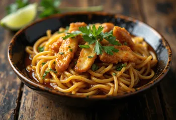 Mee Goreng au poulet servi avec légumes frais et œuf