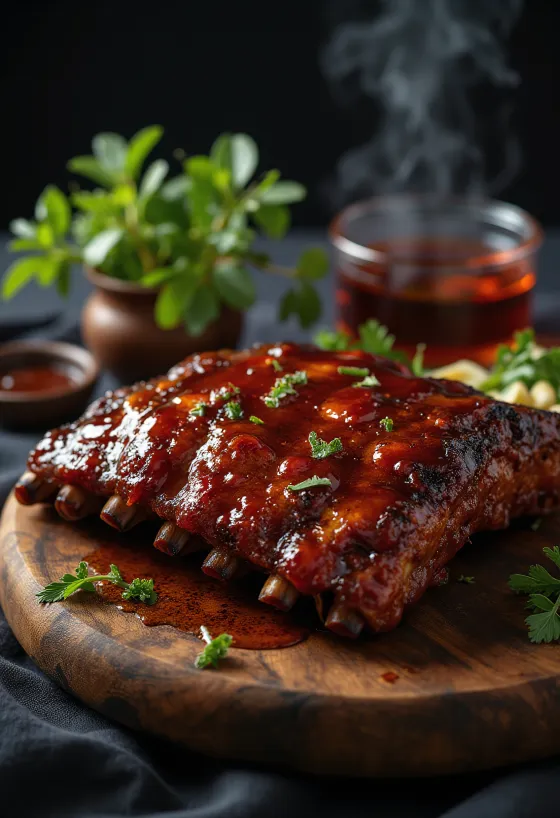 Travers de porc BBQ servis avec pommes de terre et salade