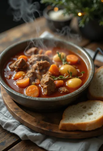 Goulache au chaudron fumant, servi richement avec du pain frais