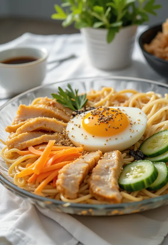 Ramen froid servi avec sauce soja et poulet