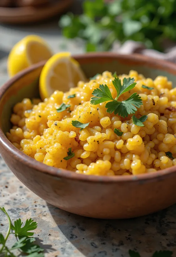 Couscous à l'huile d'olive épicée, décoré de coriandre fraîche et de citron