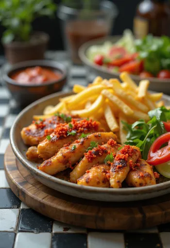 Plat de gyros piquant avec viande rôtie, légumes et sauce chili