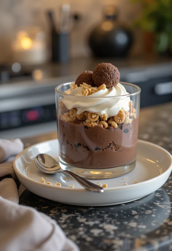 Verrines chocolat et crème avec billes croustillantes
