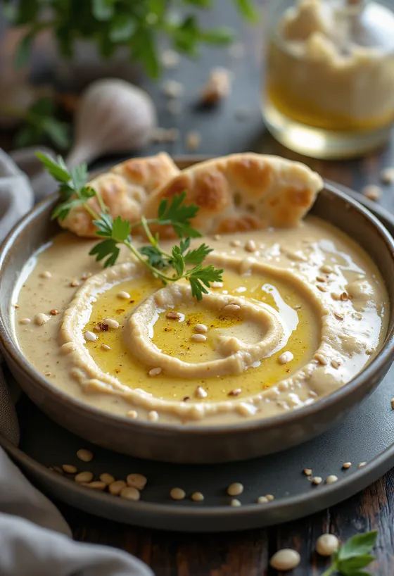 Bol de sauce tahini crémeuse teintée de curry