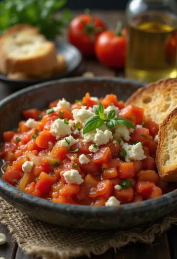 Ezme à l'ail, servi avec feta, tomate et poivron
