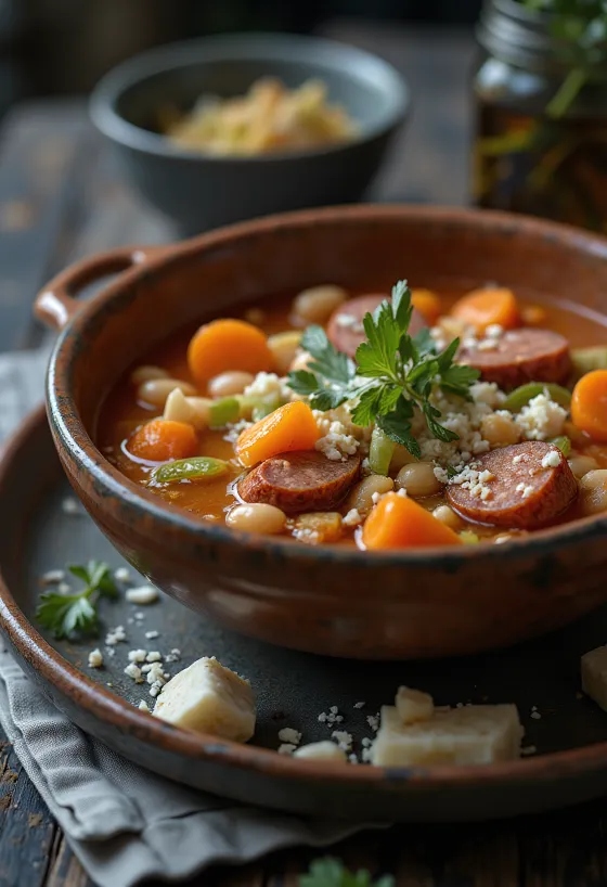 Fasolada à la viande fumée, soupe riche avec légumes et persil frais