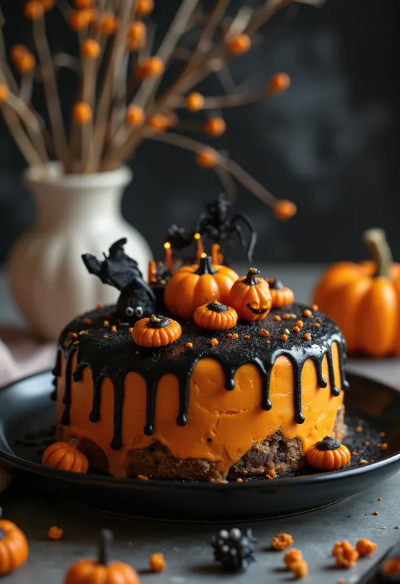 Gâteau d'Halloween avec pâte à sucre orange et décorations noires