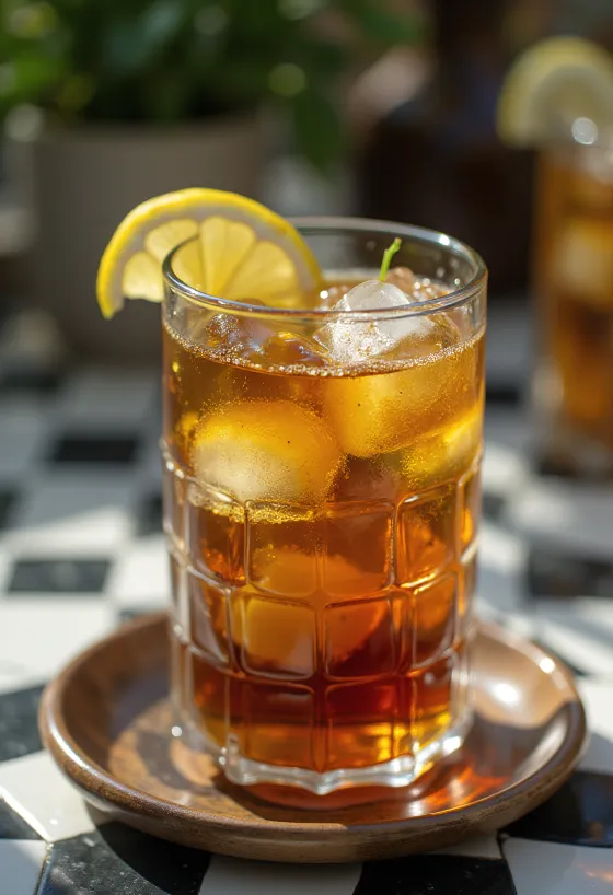 Thé glacé à la menthe avec tranches de citron vert et feuilles de menthe dans un verre