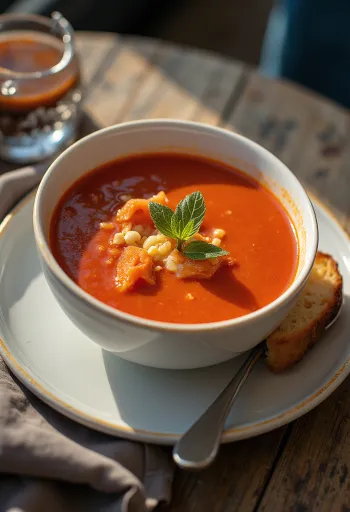 Soupe de tomates servie avec basilic parfumé et croûtons