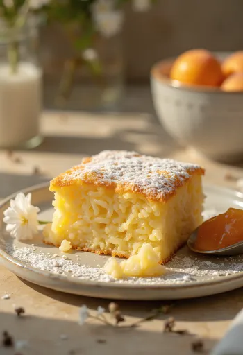 Soufflé de riz doré au four, saupoudré de sucre glace et servi avec de la confiture de fruits