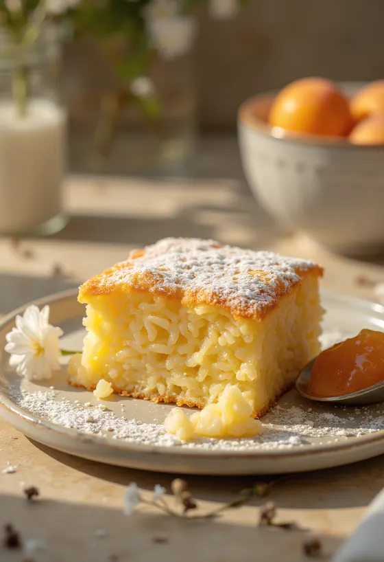 Soufflé de riz doré au four, saupoudré de sucre glace et servi avec de la confiture de fruits