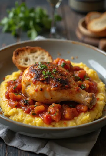 Cacciatore servi avec polenta, sauce tomate et basilic frais