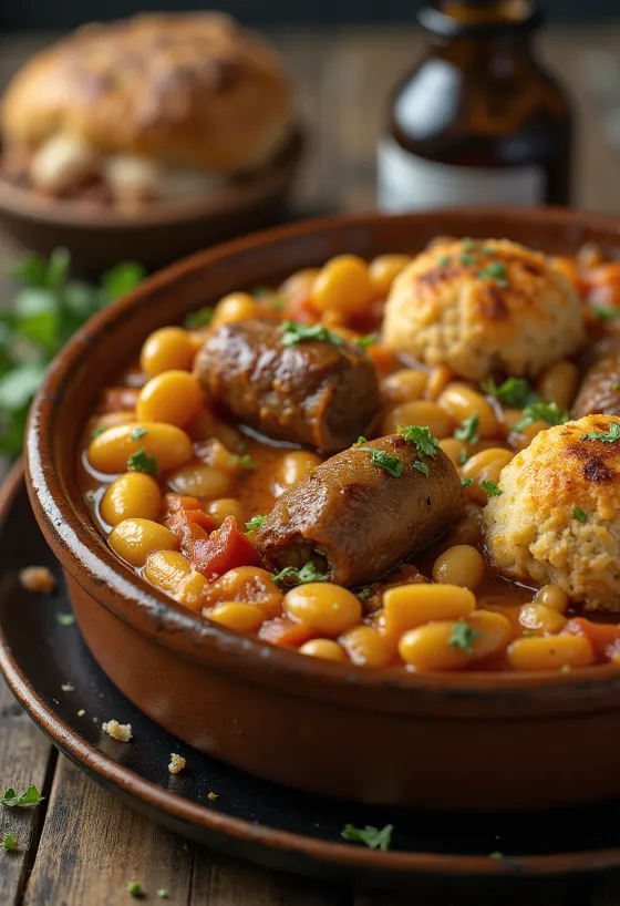Cassoulet à l'agneau, plat unique aux haricots et saucisse