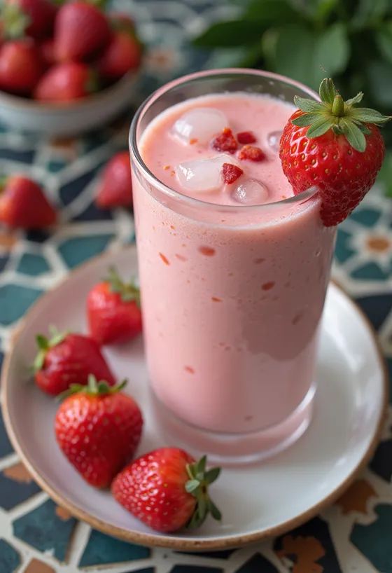 Lassi à la fraise servi avec glaçons et fraises fraîches