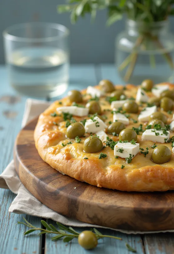 Focaccia à la feta et aux olives grecques servie