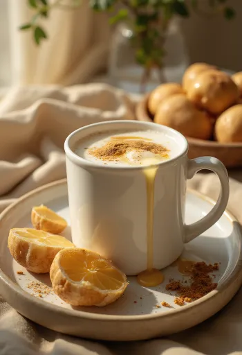 Lait au miel dans une tasse décoré de cannelle