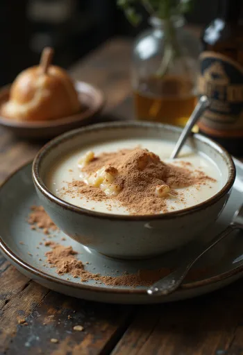Semoule au lait crémeuse saupoudrée de cacao, servie avec fruits frais.